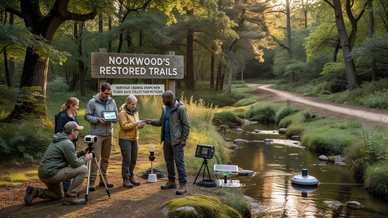 Heritage visitors using mobile devices to record water levels along Nookwood trails