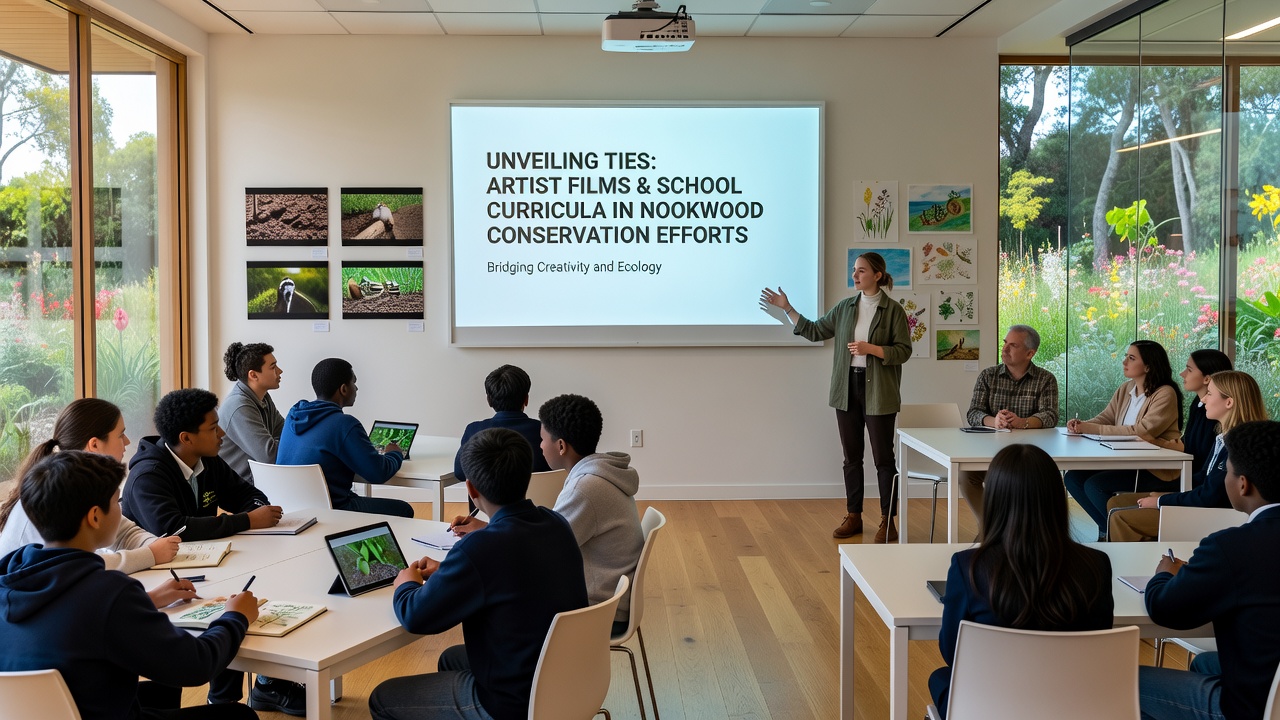 Students analyzing conservation data alongside artist film stills in a Nookwood educational workshop